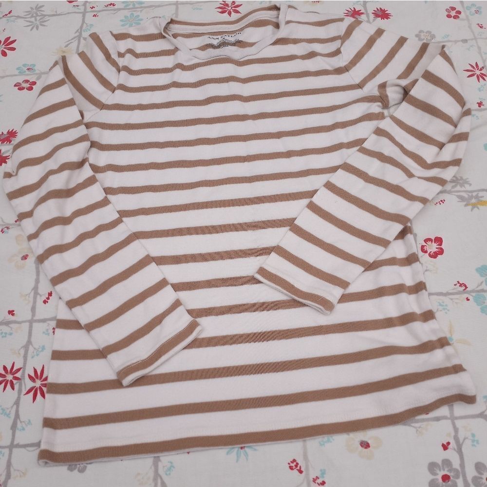 Ann Taylor S White Brown Striped LngSlv Round Neck Women's Top